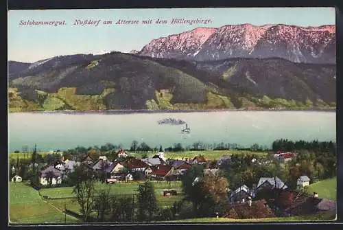 AK Nussdorf / Attersee, Ortspanorama mit dem Höllengebirge