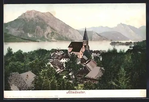 AK Altmünster, Teilansicht mit Wasser- u. Bergblick