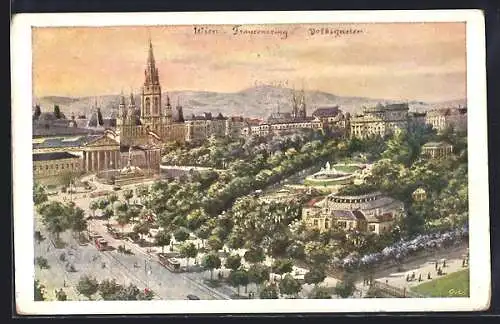 Künstler-AK Wien, Volksgarten, Parlament, Rathaus, Burgtheater und Franzensring mit Strassenbahn