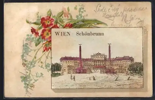 Lithographie Wien, Schönbrunn, Strassenpartie mit Schloss, Blumen, Passepartout