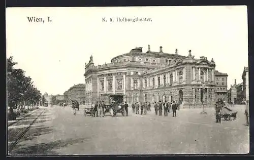AK Wien, K. k. Hofburgtheater mit Strassenbahn