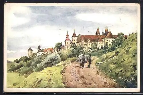 Künstler-AK Vorau, Stift von der Strasse aus
