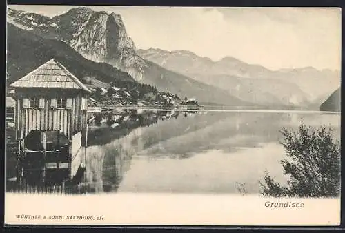 AK Grundlsee, Seeblick mit Uferpartie und Bergpanorama