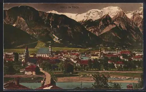 AK Hall in Tirol, Ortsansicht mit Flusspartie und Bergpanorama