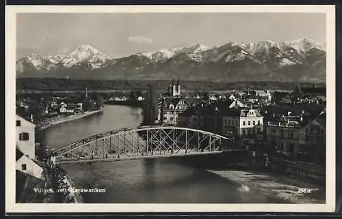 AK Villach, Flusspartie mit Brücke und Karawanken