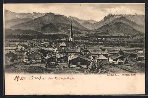 AK Kössen /Tirol, Ortsansicht mit dem Kaisergebirge