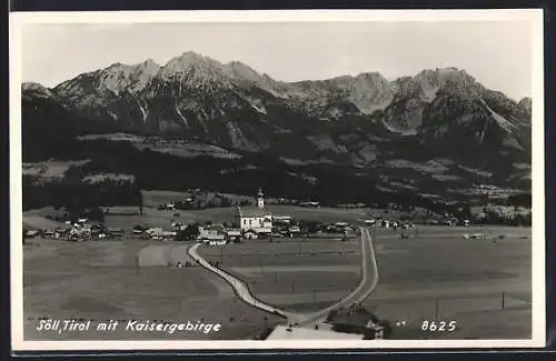 AK Söll /Tirol, Ortsansicht mit Landstrassen u. Kaisergebirge