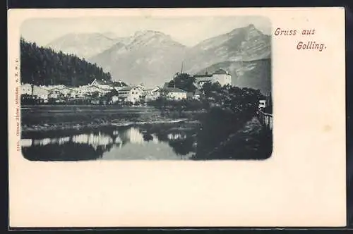 AK Golling / Salzach, Ortspanorama vom Wasser aus