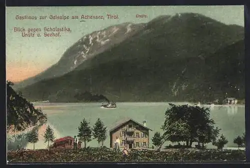 AK Achenkirch, Gasthaus zur Gaisalpe am Achensee, Gebäudeansicht mit See, Unütz u. Seehof