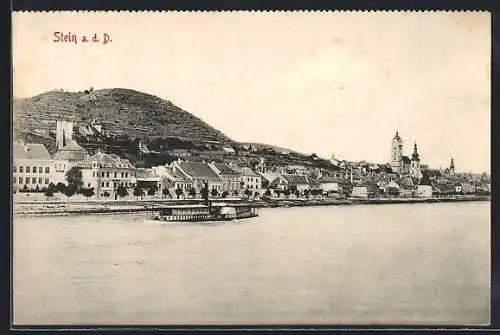 AK Stein a. d. D., Ortspanorama mit Dampfer