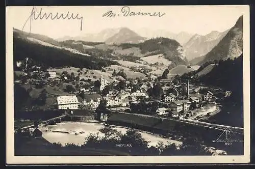 AK Hieflau, Gesamtansicht mit Brücke u. Bergpanorama
