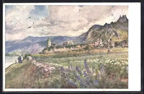 Künstler-AK Dürnstein a. d. Donau, Ortsansicht mit Donau, Burg u. Bergpanorama