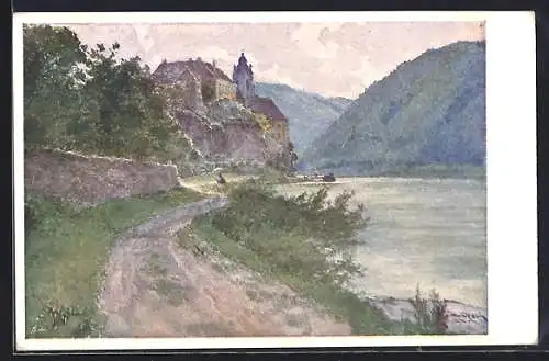 Künstler-AK Dürnstein a. d. Donau, Schlossansicht mit Donauufer