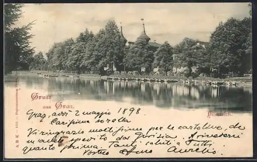 AK Graz, Hilmteich mit Gasthaus, vom Wasser gesehen