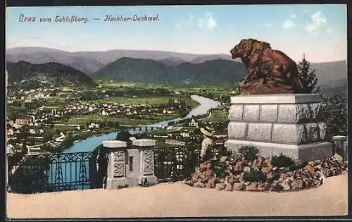 AK Graz, Ortsansicht vom Schlosssberg mit Hackher-Denkmal