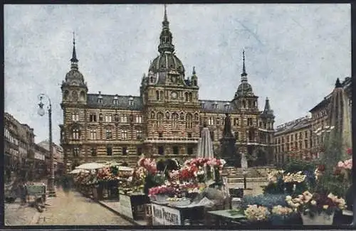 AK Graz, Hauptplatz, Rathaus und Blumenverkaufsstände