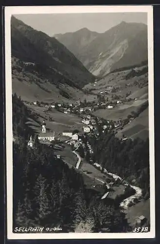 AK Sellrain, Ortschaft mit Talansicht von weitem gesehen