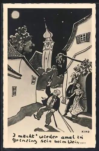 Künstler-AK Wien, Grinzing, Betrunkener und Paar auf dem Heimweg, Strassenpartie aus der Sicht eines Betrunkenen, Mond