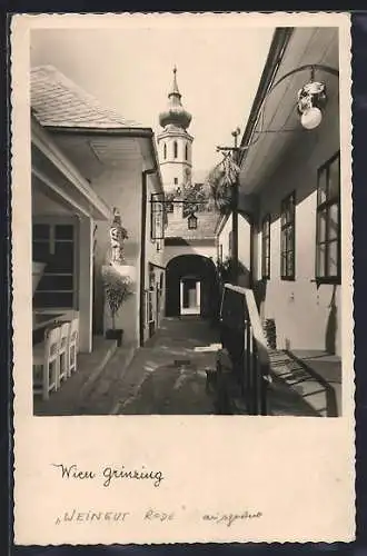 AK Wien, Grinzing, Gasthaus Weingut Rode mit Kirchturm