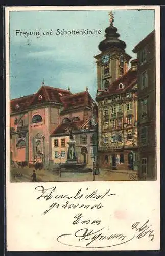 Lithographie Wien-Freyung, Freyung mit Schottenkirche, Apotheke und Brunnen