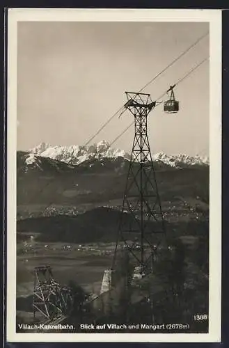 AK Villach, Panorama von der Kanzelbahn mit Blick zum Mangart, Seilbahn