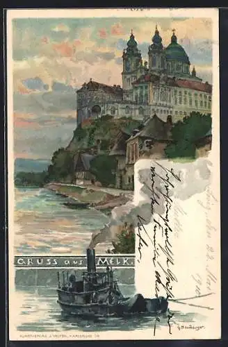 Künstler-AK sign. G. Bamberger: Melk, Blick nach dem Schloss