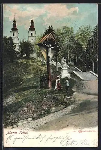 AK Maria Trost, Kirche, Marterl und Treppenaufgang