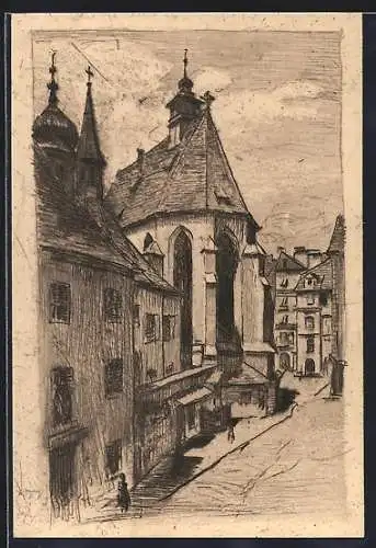 Künstler-AK Graz, Alt-Graz, An der Franziskanerkirche