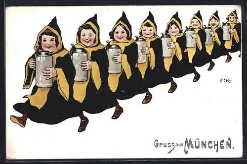 Künstler-AK P. O. Engelhard (P.O.E.): München, Münchner Kindl mit Bierkrügen