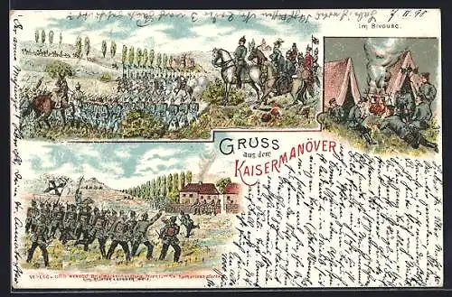 Lithographie Kaisermanöver, im Manöver, auf Biwak