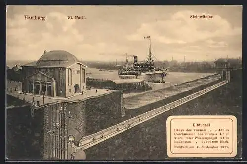 AK Hamburg-St. Pauli, Steinwärder, Schiff auf der Elbe, Querschnitt mit Darstellung der Unterführung