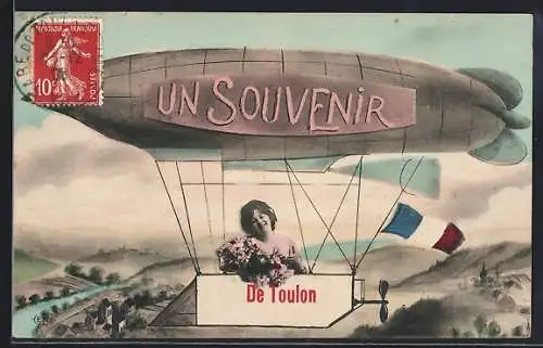 AK Toulon, Frau mit Blumen im Luftschiff Zeppelin