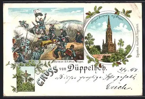 Lithographie Düppel, Düppeler Schanzen, Erstürmung im Jahre 1864, Sieger-Denkmal