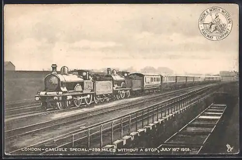 Künstler-AK englische Eisenbahn der Gesellschaft L. & N.W.R., London-Carlisle Special