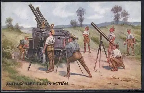 Künstler-AK LKW mit Flak und beobachter mit Fernglas, Anti-Aircraft gun in action