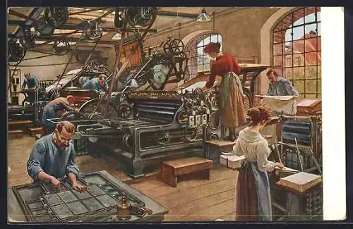 AK In der Buchdruckerei, Frau arbeit an der Druckmaschine