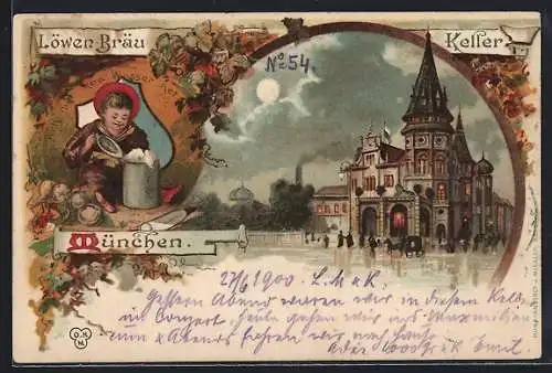Lithographie München, Löwenbräu-Keller, Ach, nur koa Wasser net!