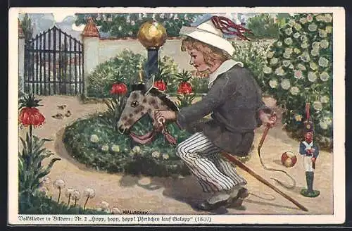 Künstler-AK Hans Baluschek: Kleiner Junge spielt mit seinem Spielzeugpferd