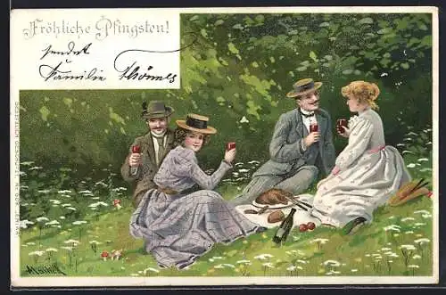 Künstler-AK Alfred Mailick: Ausflügler beim Picknicken auf einer Blumenwiese