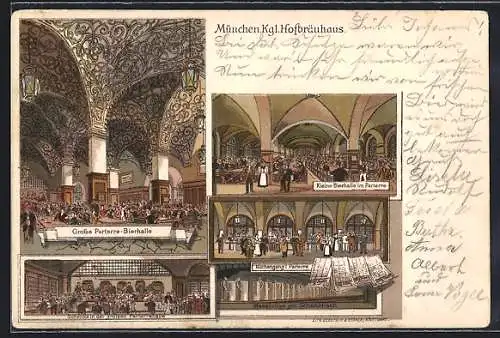 AK München, Kgl. Hofbräuhaus, Bierhallen und Küchengang
