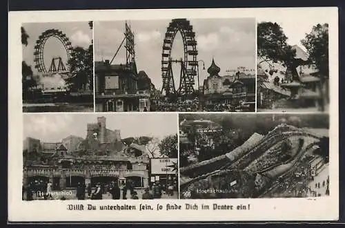 AK Wien, Motive aus dem Prater, Riesenrad, Hochschaubahn, Geisterschloss