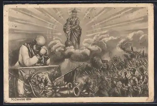 Künstler-AK Schlachtdarstellung, Kaiser Franz Josef I. von Österreich betet zum Gnadenbild mit dem Christuskind