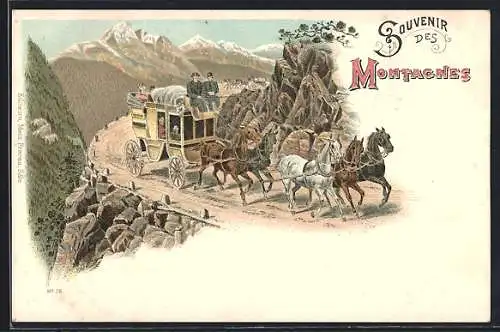 Lithographie Postkutsche fährt in den Bergen