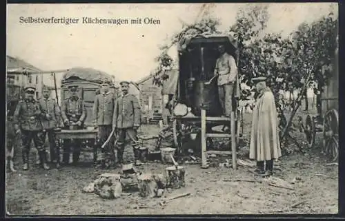 AK Pioniere in Uniform mit selbstgefertigtem Küchenwagen mit Ofen