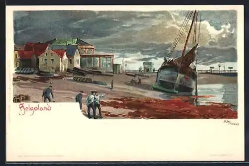 Künstler-AK Heinrich Kley: Helgoland, Männer am Strand mit Schiffen