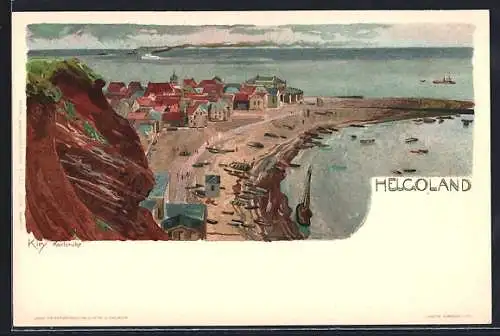 Künstler-Lithographie Heinrich Kley: Helgoland, Strandpartie aus der Vogelschau, Segelboot