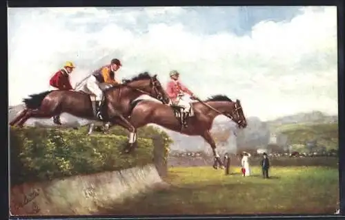 Künstler-AK Steeplechasing, The Big Jump, Geländeritt