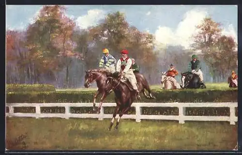 AK Jockeys überspringen mit ihren Pferden eine Hürde