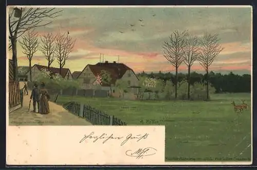 Künstler-AK Alfred Mailick: Ullersdorf in der Dresdner Heide, Ortspartie mit Spaziergängern