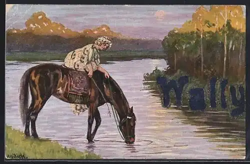 Künstler-AK Alfred Mailick: Hübsches Fräulein mit Blumenhaarkranz und Pferd machen Rast am Wasser